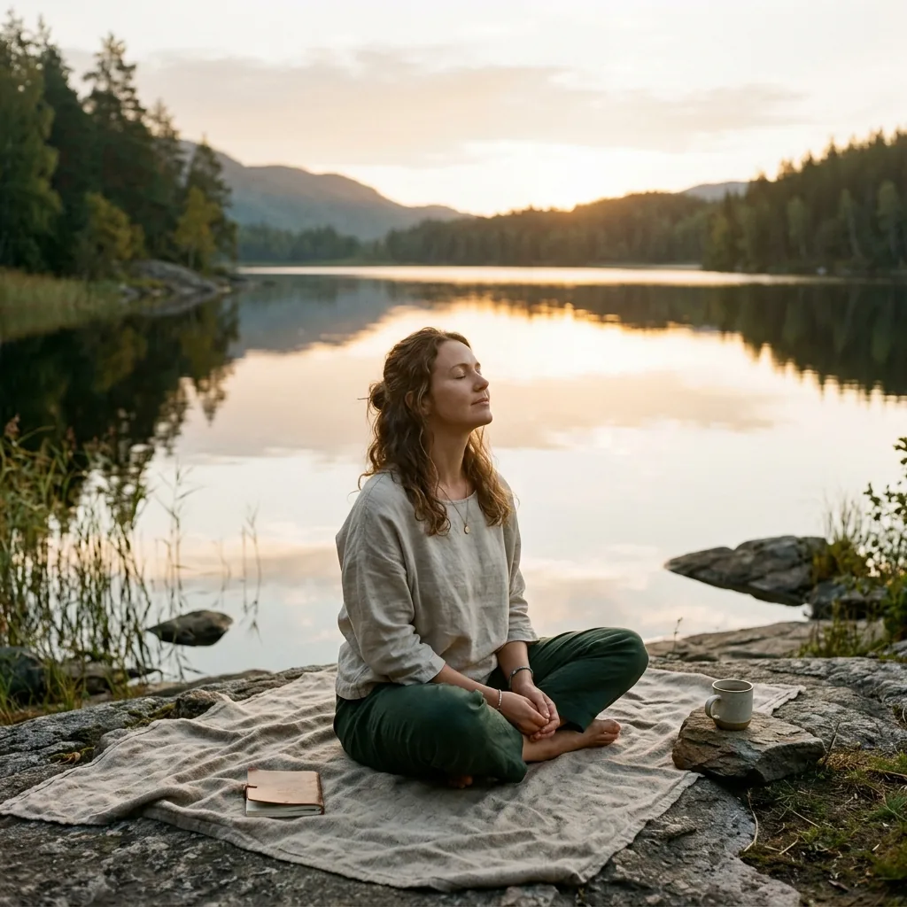 Woman in peaceful stillness by a lake at sunrise — the feeling after healing